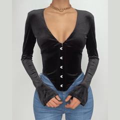 Long sleeve velvet button v neck top