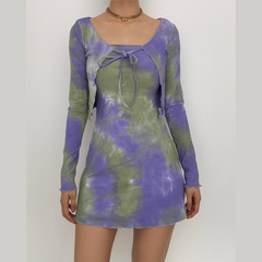 Tie dye self tie long sleeve shrug ruffle tube mini dress set