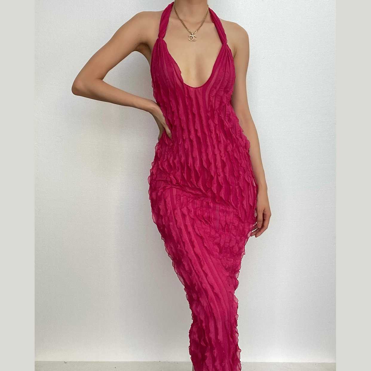 Textured ruffle solid halter self tie v neck backless maxi dress