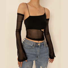 Hollow out one shoulder asymmetrical mesh long sleeve top