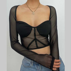 Long sleeve solid mesh low cut crop top