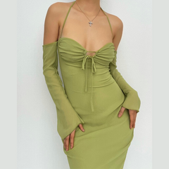 Low cut halter off shoulder long flared sleeve midi dress