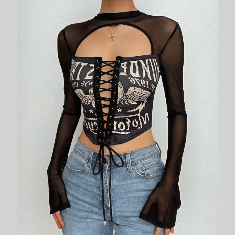 VORBESTELLUNG - Mesh abstraktes Patchwork ausgehöhltes Langarm-Crop-Top mit Schnürung 