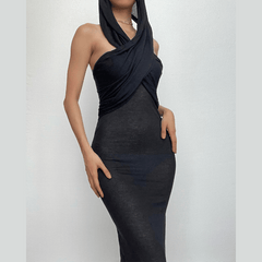 Hoodie solid cross front ruched backless sleeveless maxi dress