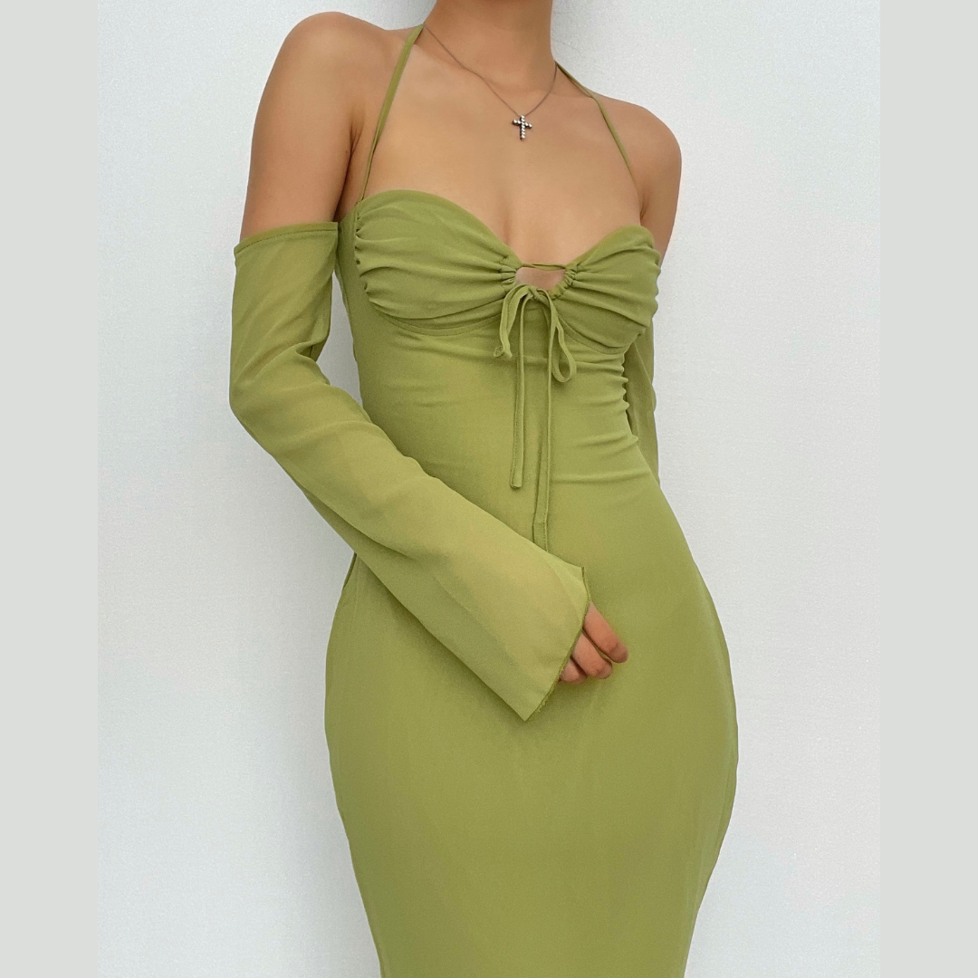 Low cut halter off shoulder long flared sleeve midi dress