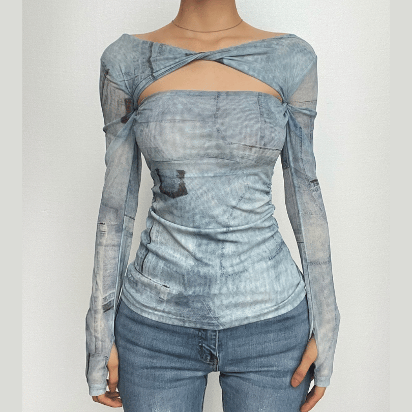 Mesh hollow out contrast knotted long sleeve top