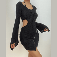 Textured zip-up drawstring hollow out halter long sleeve 2 piece mini dress