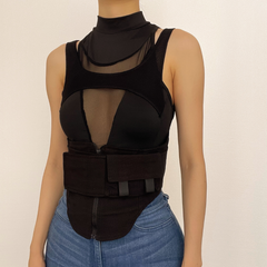 Hollow out high neck corset sleeveless zip-up crop top