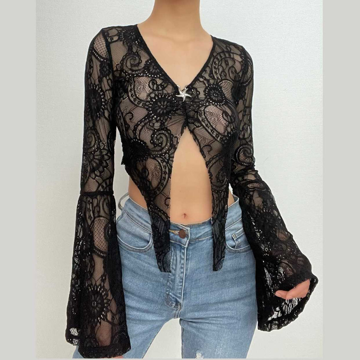 Lace solid flared sleeve star applique see through crop top