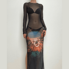 Joker pattern long sleeve sheer mesh see through slit maxi dress