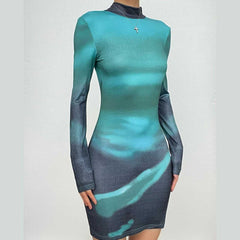 High neck long sleeve self tie backless gradient mini dress