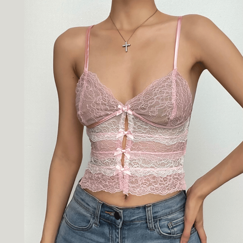 Rückenfreies, selbstbindendes Camisole-Crop-Top mit Spitzenschleife und V-Ausschnitt in Kontrastfarbe 