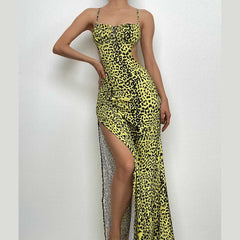 Cross back backless leopard print slit contrast maxi dress