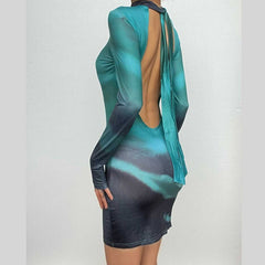 High neck long sleeve self tie backless gradient mini dress