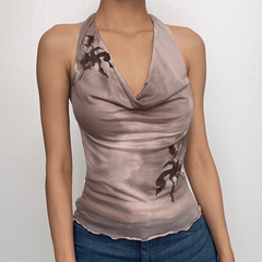 Cowl neck mesh ruffle halter backless abstract top - Final Sale