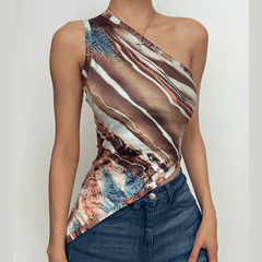 Contrast print one shoulder irregular sleeveless top