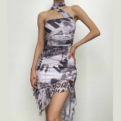 Contrast print halter ruched irregular ruffle backless mini dress