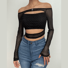 Beaded mesh off shoulder hollow out long sleeve crop top