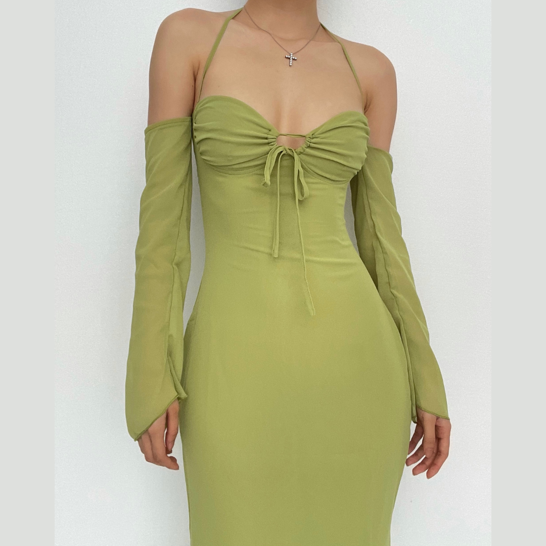 Low cut halter off shoulder long flared sleeve midi dress