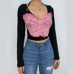 Long sleeve v neck butterfly embroidery halter contrast top