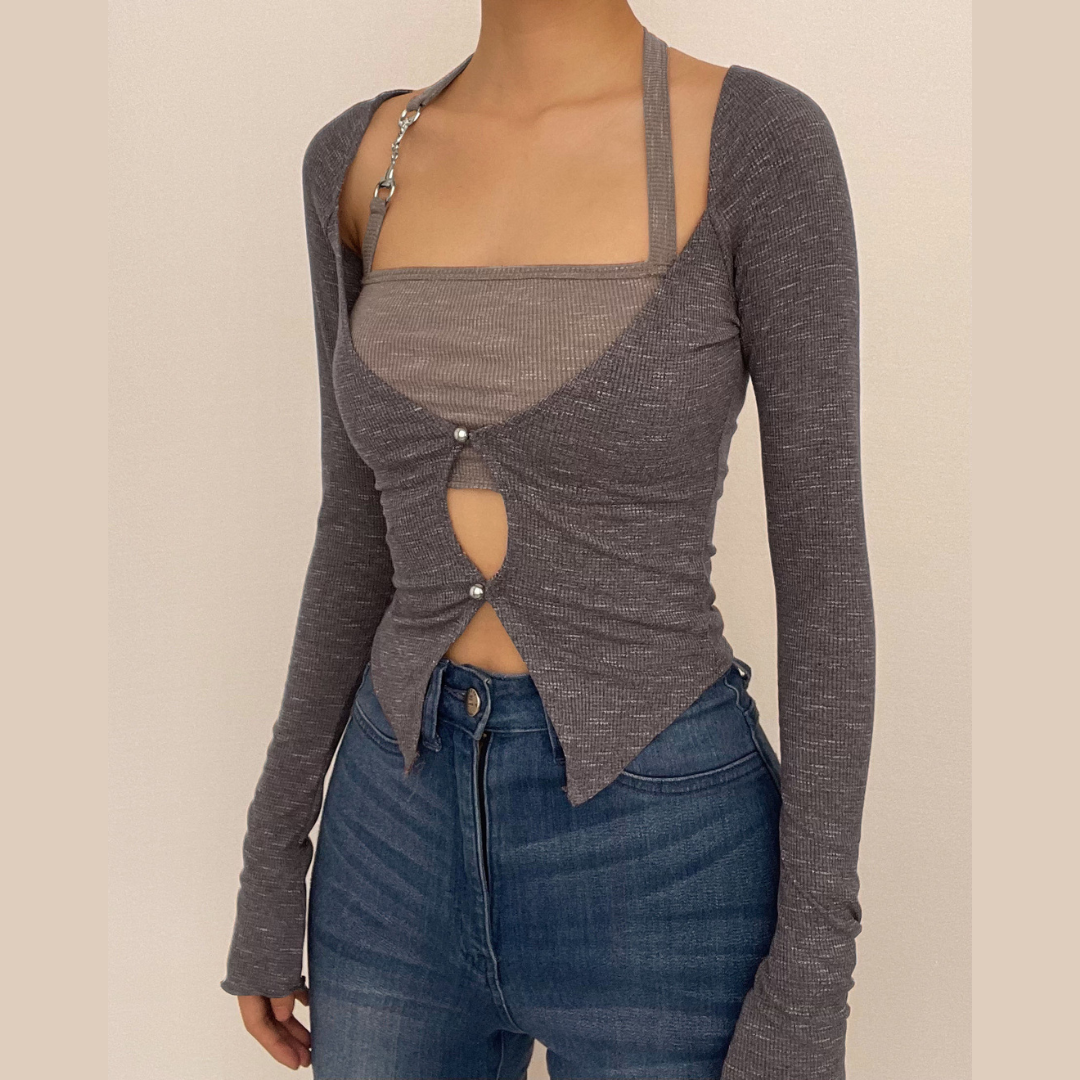 Langärmliges Neckholder-Crop-Top mit ausgehöhlten Knöpfen, 2-teilig 