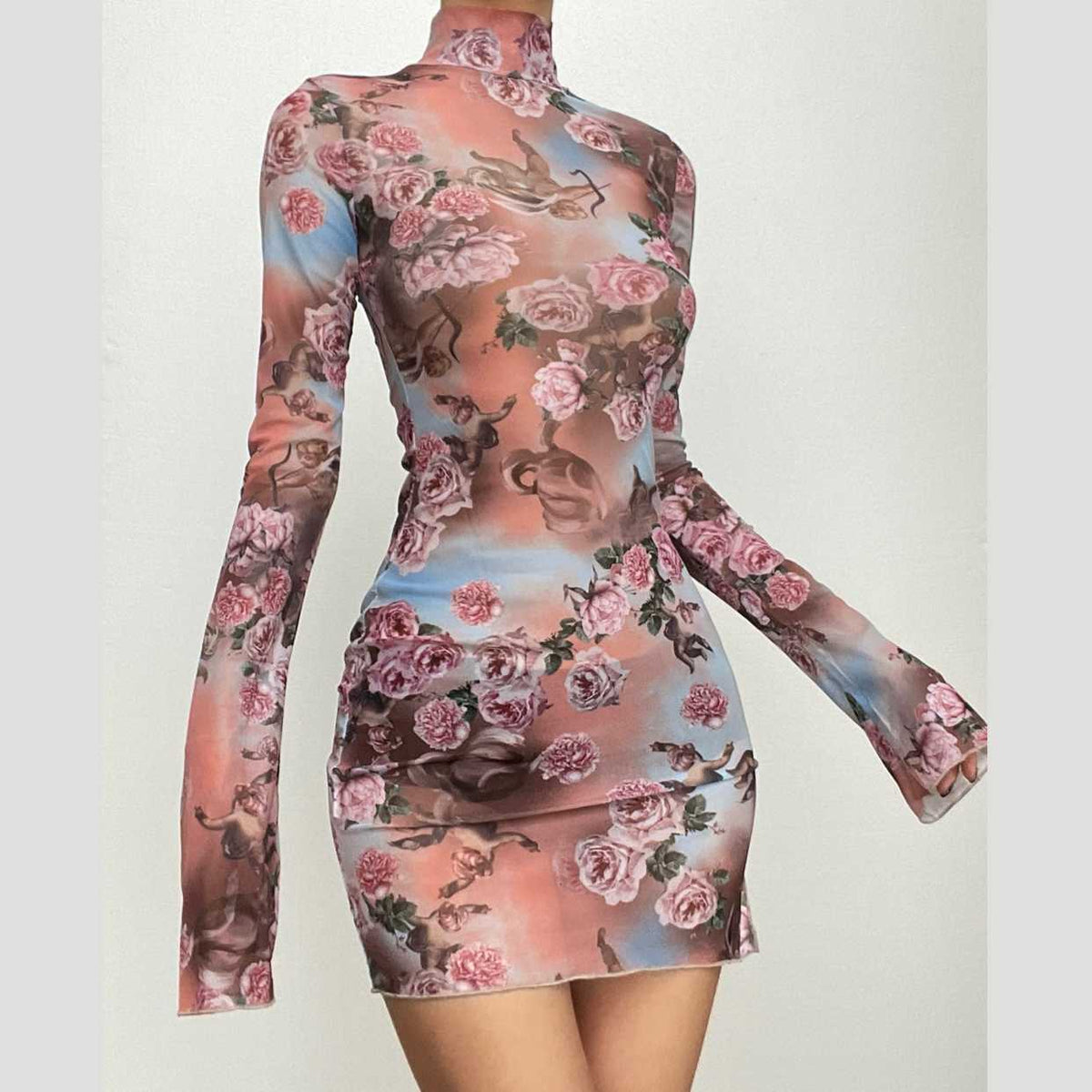 Vestido mini de cuello alto con abertura y manga larga con estampado de flores de malla transparente 