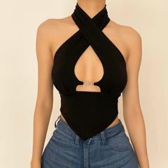 Hollow out halter open back  solid top