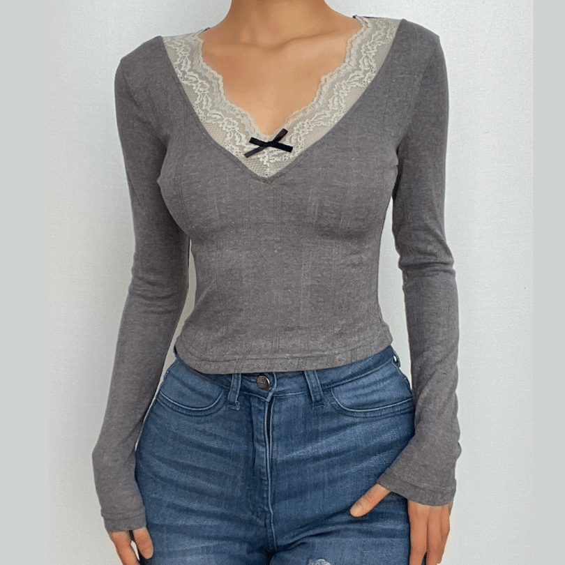 Lace hem v neck contrast bowknot long sleeve textured top