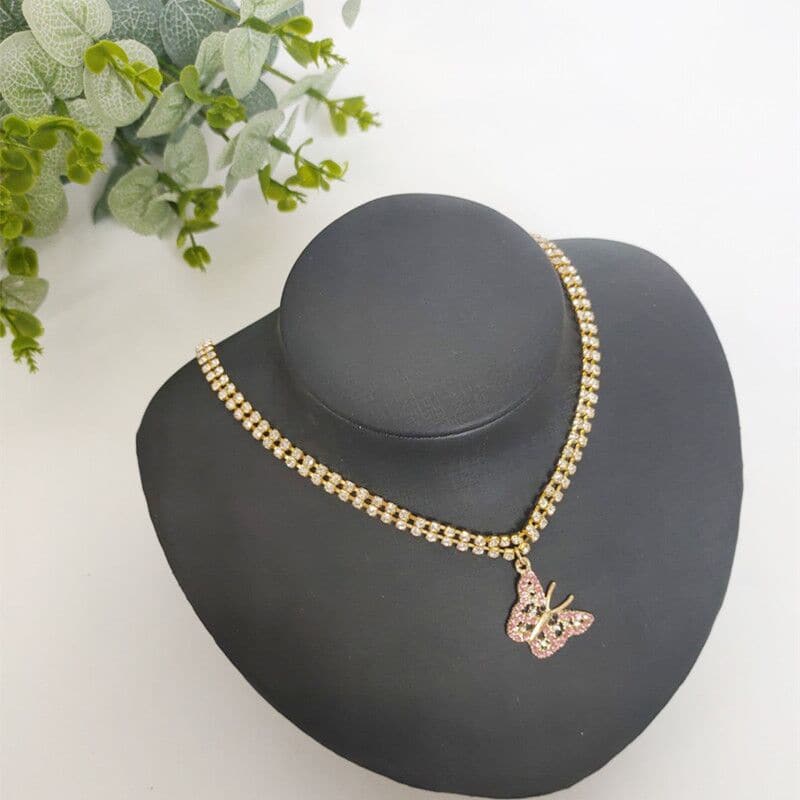 Butterfly pendant multicolor choker necklace