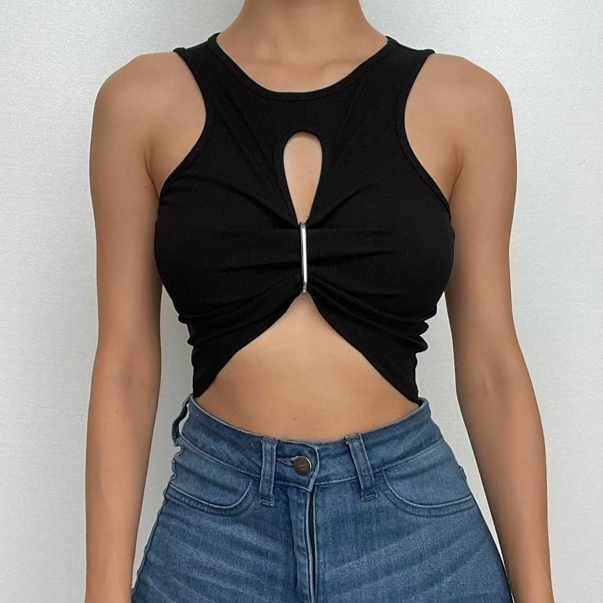 Hollow out sleeveless crewneck ruched solid crop top