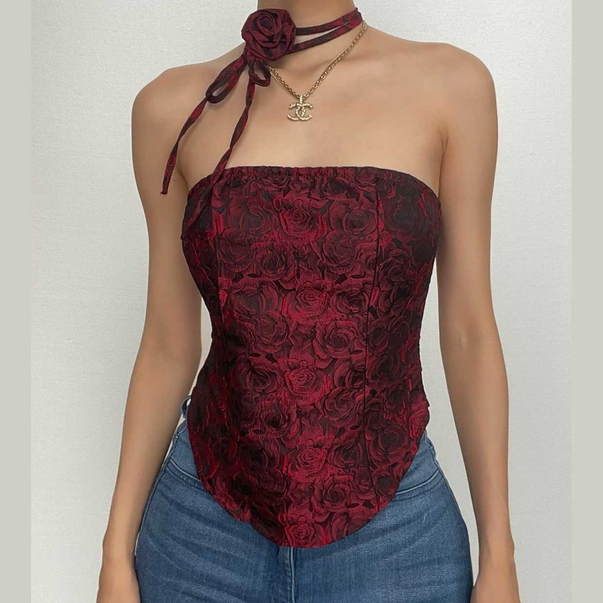 Rose print zip-up flower applique contrast tube top