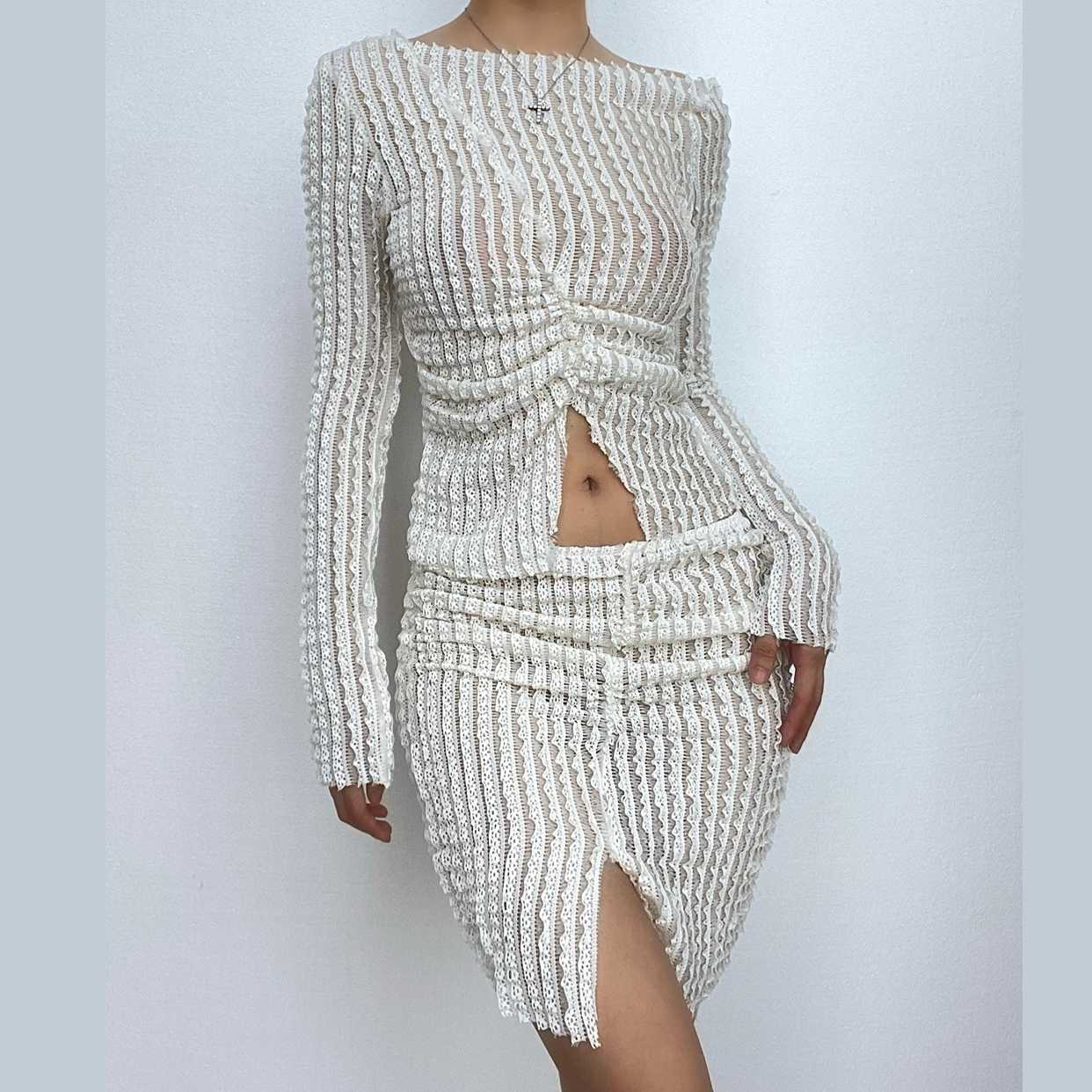 Textured off shoulder irregular long sleeve ruched slit mini skirt set