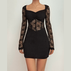 Lace patchwork corset long sleeve solid ruched mini dress