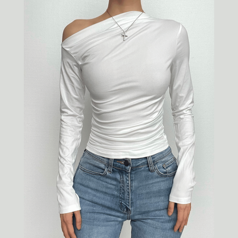 Ruched long sleeve off shoulder solid irregular top