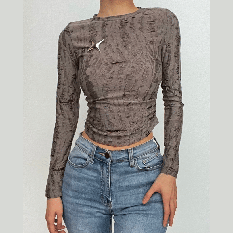 Ruched long sleeve textured star applique crewneck crop top