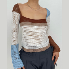 Low cut contrast crochet knit long sleeve square neck top