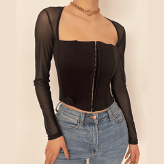 Square neck buttoned mesh long sleeve crop top