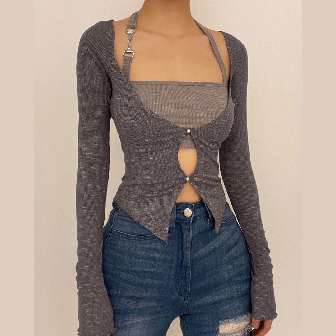 Langärmliges Neckholder-Crop-Top mit ausgehöhlten Knöpfen, 2-teilig 