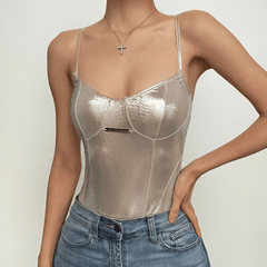 Metallic v neck metal tag backless sleeveless cami bodysuit