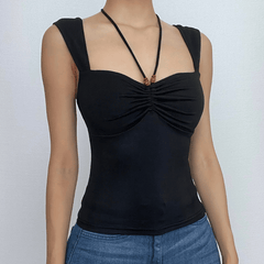 Top de cuentas fruncido liso sin mangas con cuello halter