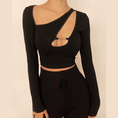 Long sleeve hollow out buckle top