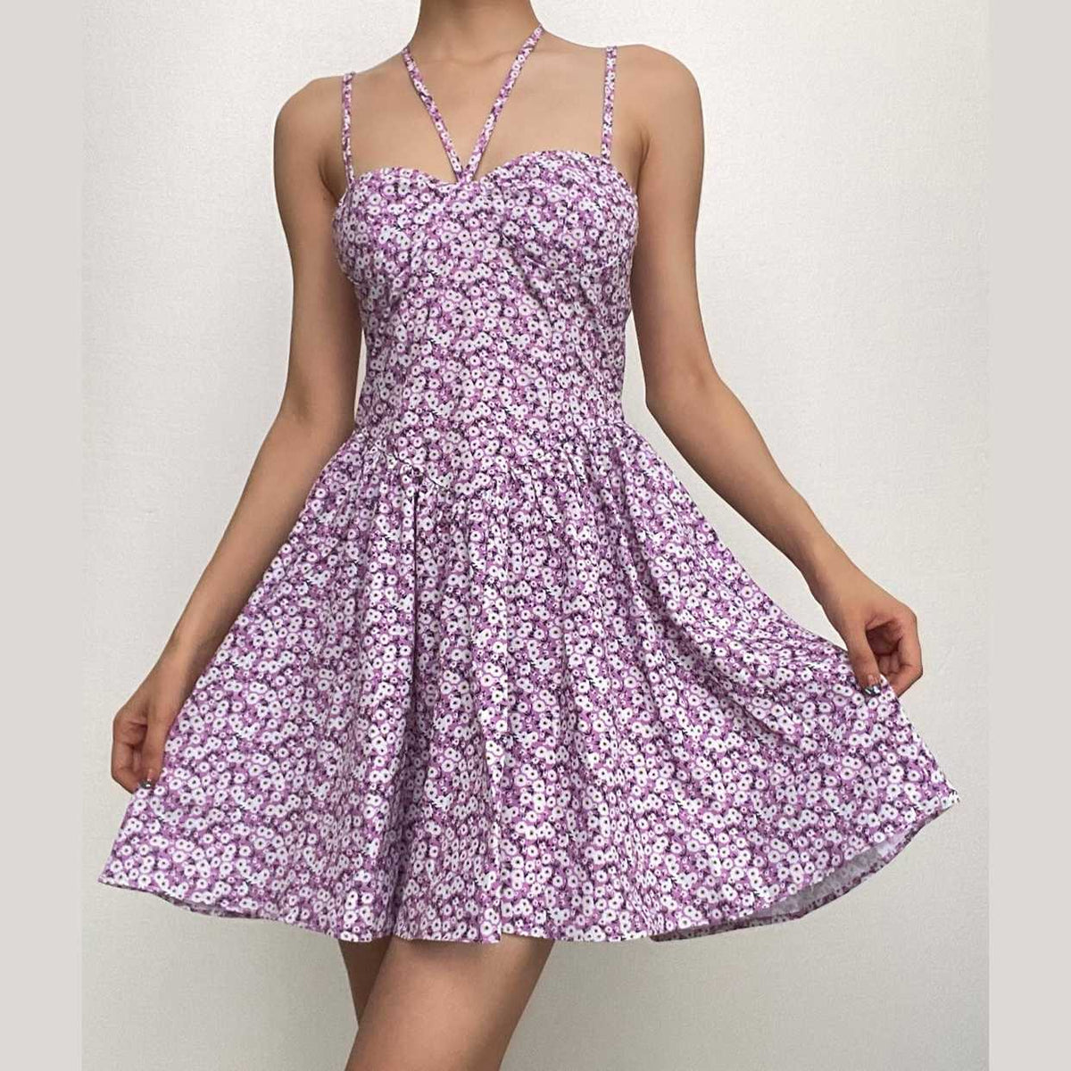 Flower print halter sweetheart neck zip-up backless mini dress