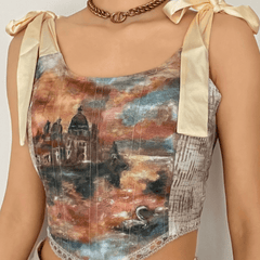 Print lace up back self tie strap bustier crop top