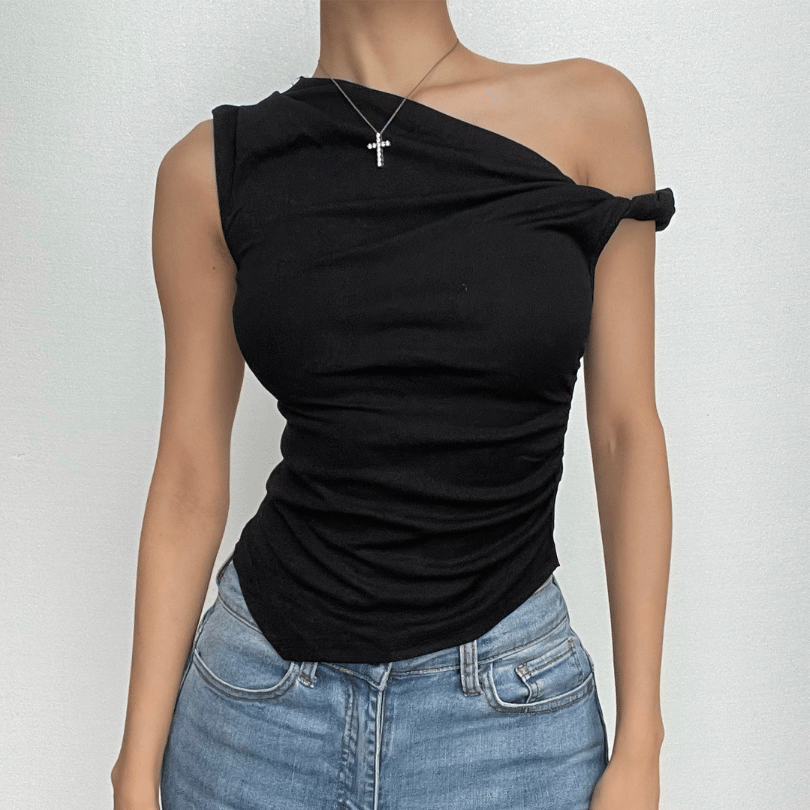 Ruched solid off shoulder irregular top