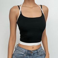 Contrast patchwork halter backless sleeveless crop top