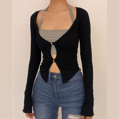 Langärmliges Neckholder-Crop-Top mit ausgehöhlten Knöpfen, 2-teilig 