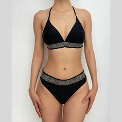 Beaded halter contrast bikini swimwear