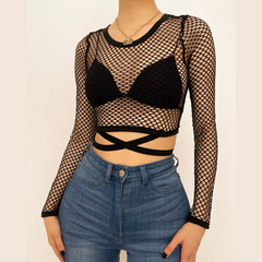 Round neck long sleeve tie back fishnet top