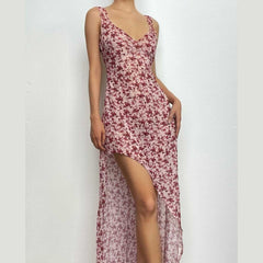 Chiffon flower print contrast backless v neck sleeveless maxi dress