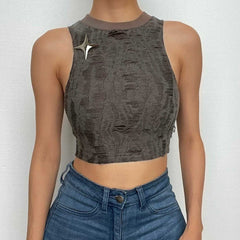 Sleeveless textured star applique hollow out solid crop top